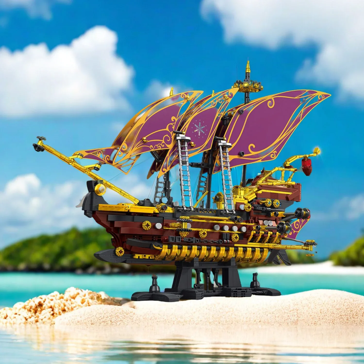 2077 Uds. Barco pirata púrpura, juguetes de bloques de construcción, modelo de barco pirata, montar rompecabezas, ladrillos, juegos de juguetes para chico, regalos de adorno de escritorio