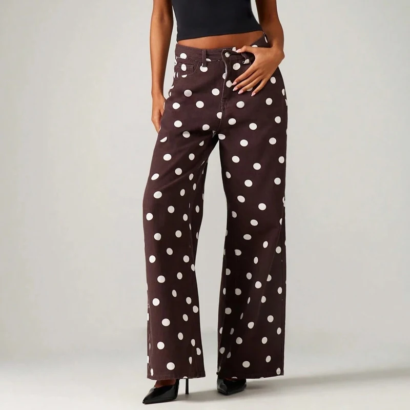 Fashion Dot Printing Denim Pants for Women Spring Autumn Mid Waist Casual Trousers American Style Straight Leg Pocket Pant