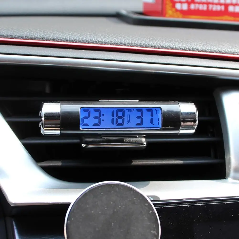 2 in 1 Car Air Vent Clock Thermometer Digital LCD Display With Blue Backlight Auto Outlet Clip Electronic Temperature Gauge