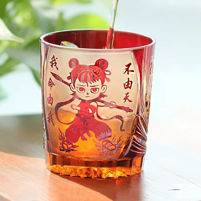 250ml Amber Red Nezha Whisky Glass Handmade Chinese Popular Character Japanese Style Edo Kiriko Wine Rock Glass Cup Dropshipping