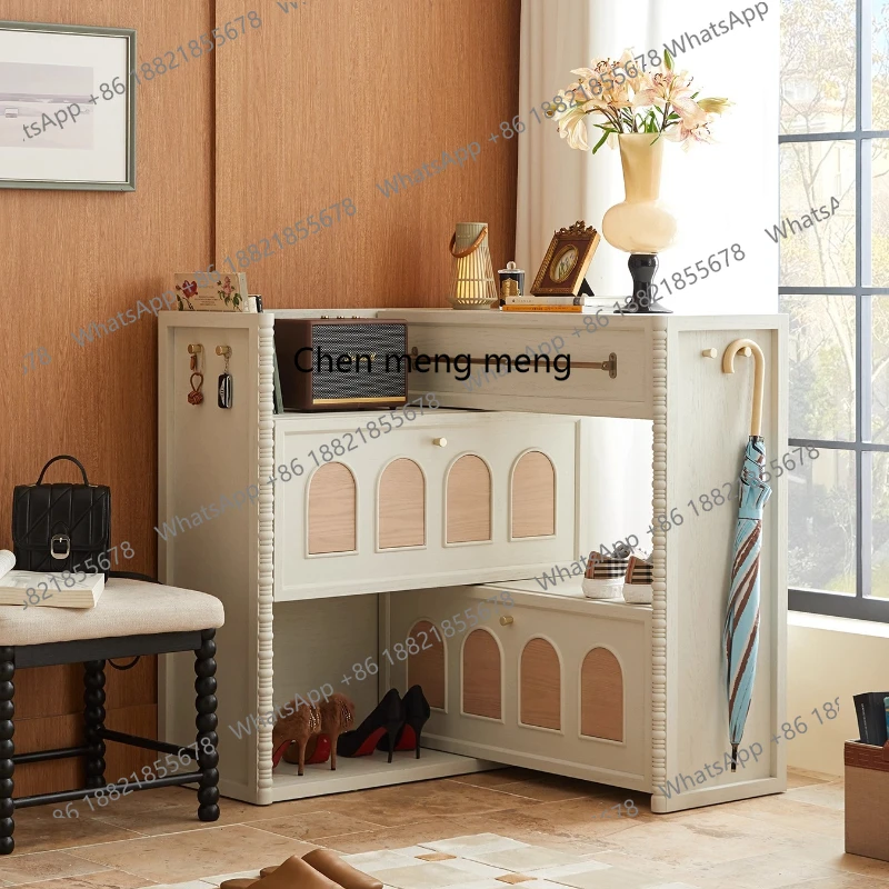 French cream solid wood rotary telescopic shoe cabinet household entrance porch cabinet integrated storage locker