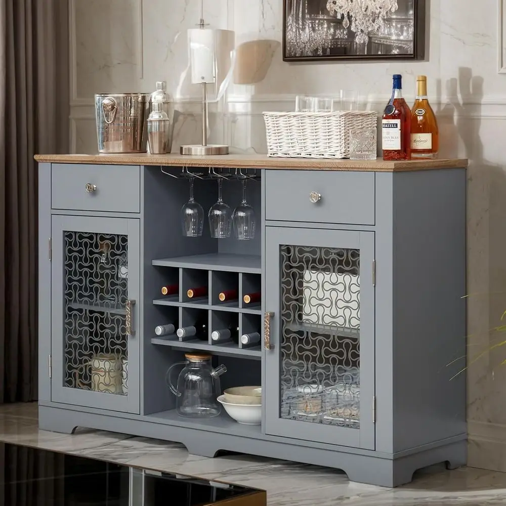 

56 Wide Tempered Glass Wine Bar Cabinet with Rack, Suitable for Kitchen, Dining, and Living Spaces
