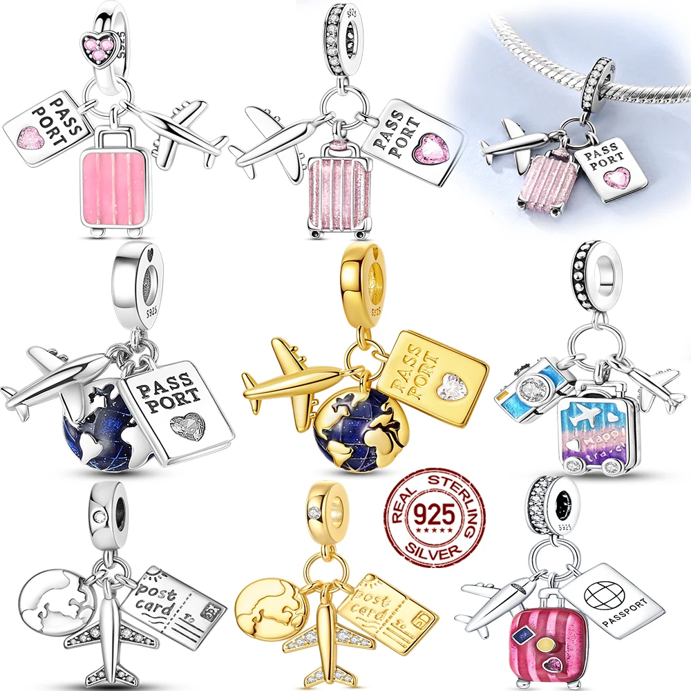 Venda quente 925 prata esterlina avião passaporte mala série pingente encantos jóias caber original 925 pulseira para mulher presente diy