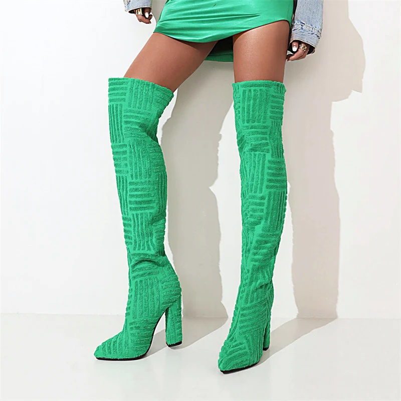 Blue Knee Boots Solid Botas Stripe Pattern Designer Pointed Toe Chunky Heel Fashion Shoes Winter Luxury Women Elegant Versatile