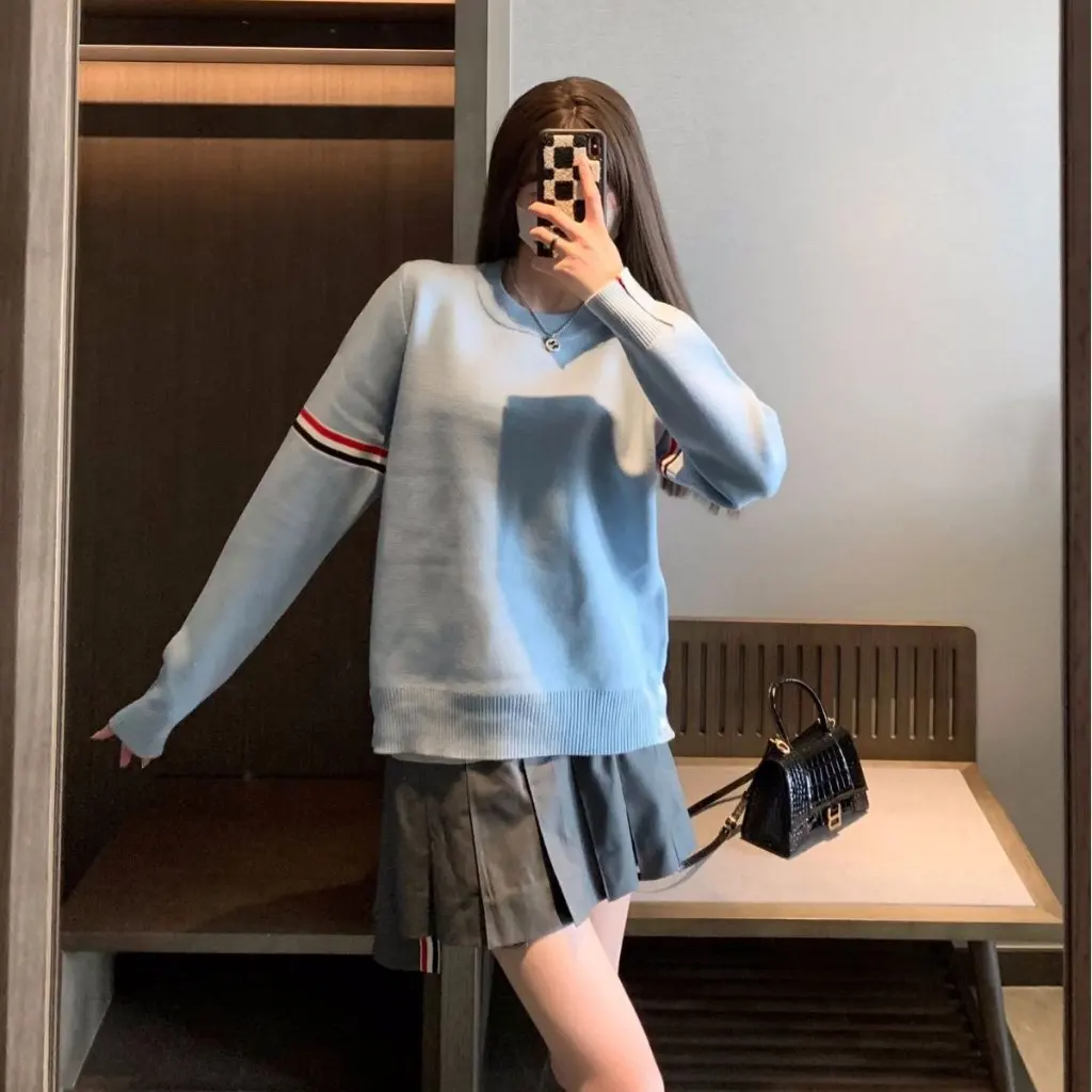 

THOM BIRUCRO Women's Knitted Sweater Classic Double Sleeve Color Stripe round Neck Couple Pullover Top