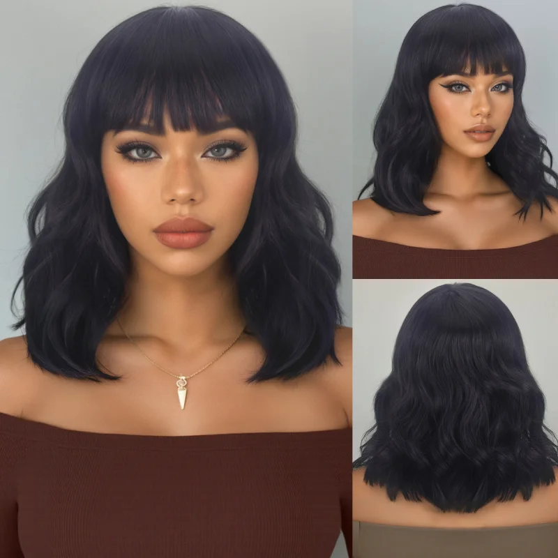 

European and American fashion short curly synthetic with bangs, natural black-brown color, ponytail style, full head wig for