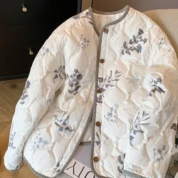 New Chinese National Wind Floral Round Neck Cotton-Padded Jacket Coat Female Retro Loose Joker Warm Padded Jacket Autumn Winter