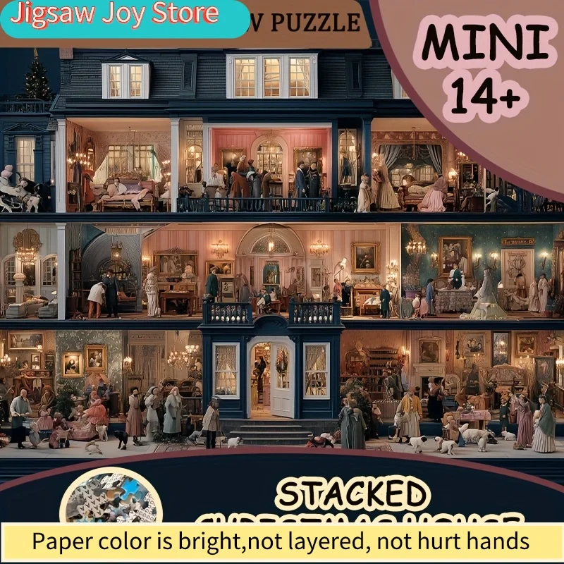 1 scatola di mini puzzle di carta per adulti: "Casa di Natale impilata" o giochi e attività per feste, adatti per giochi e attività per feste