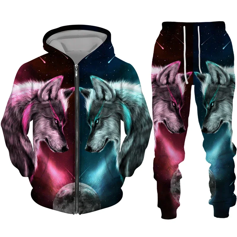 Men's Zipper Hoodie Set 3D Printed Animal Wolf Sportswear/Pants Casual Street Long Sleeve Loose Autumn and Winter New Hot Sale