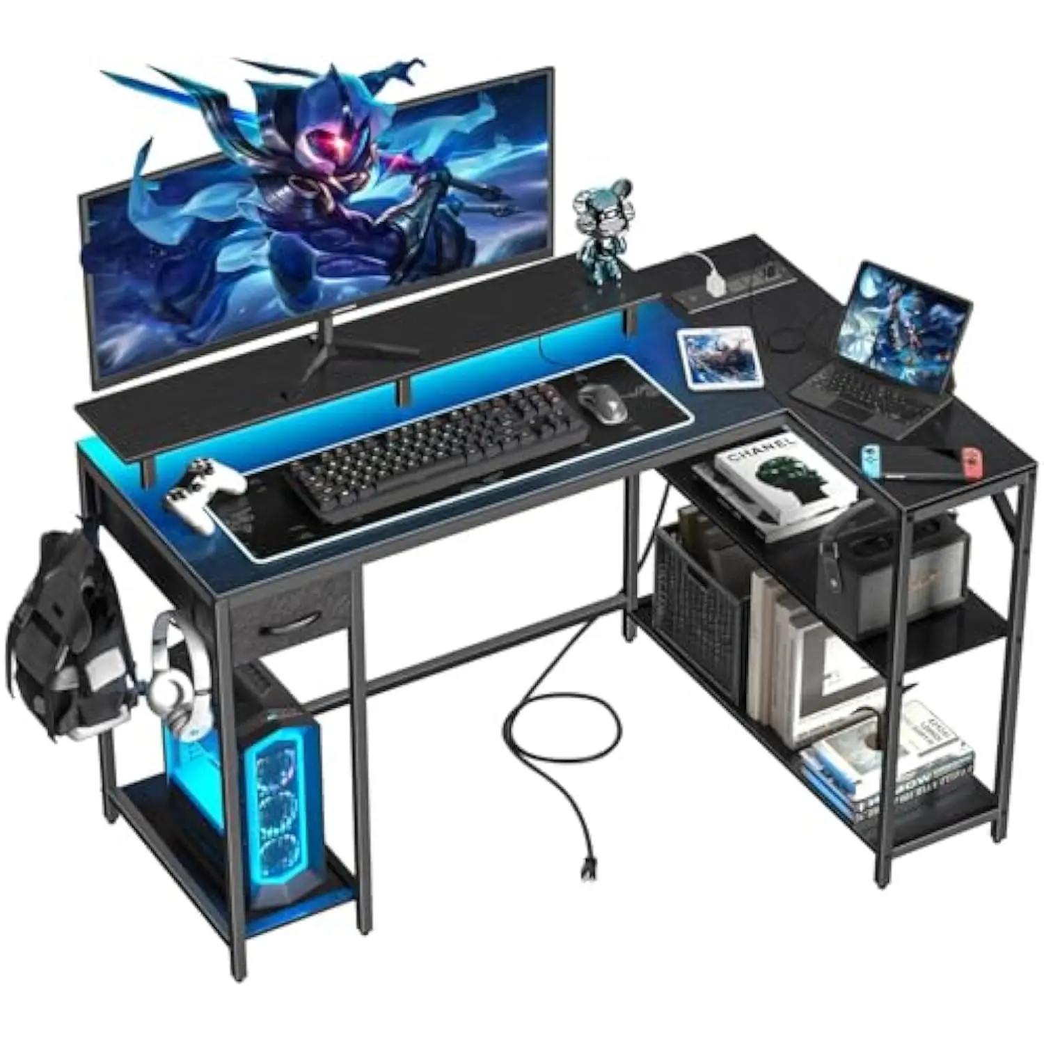 

47 inch Gaming Desk with Power Outlet & LED Light, Reversible L Shaped Desk, L Shaped Desk with Hook & Monitor Stand, Computer
