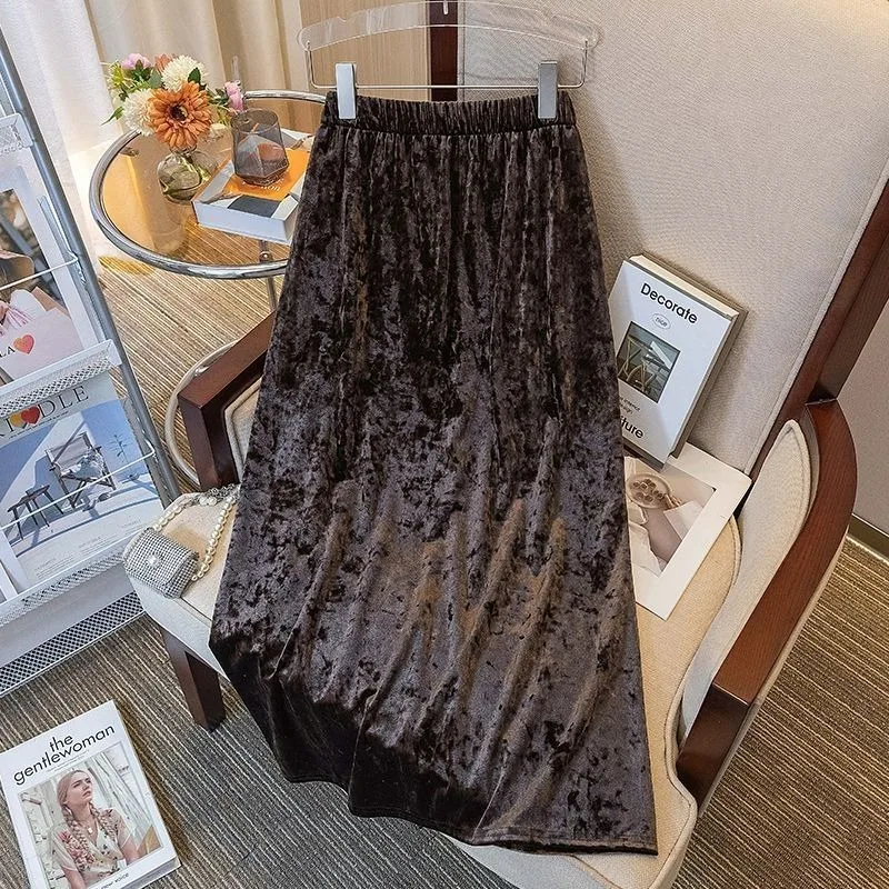 2024 Autumn New Chic High-waisted French Retro Elegant Golden Velvet Versatile Slim Fitting Temperament Socialite Skirt