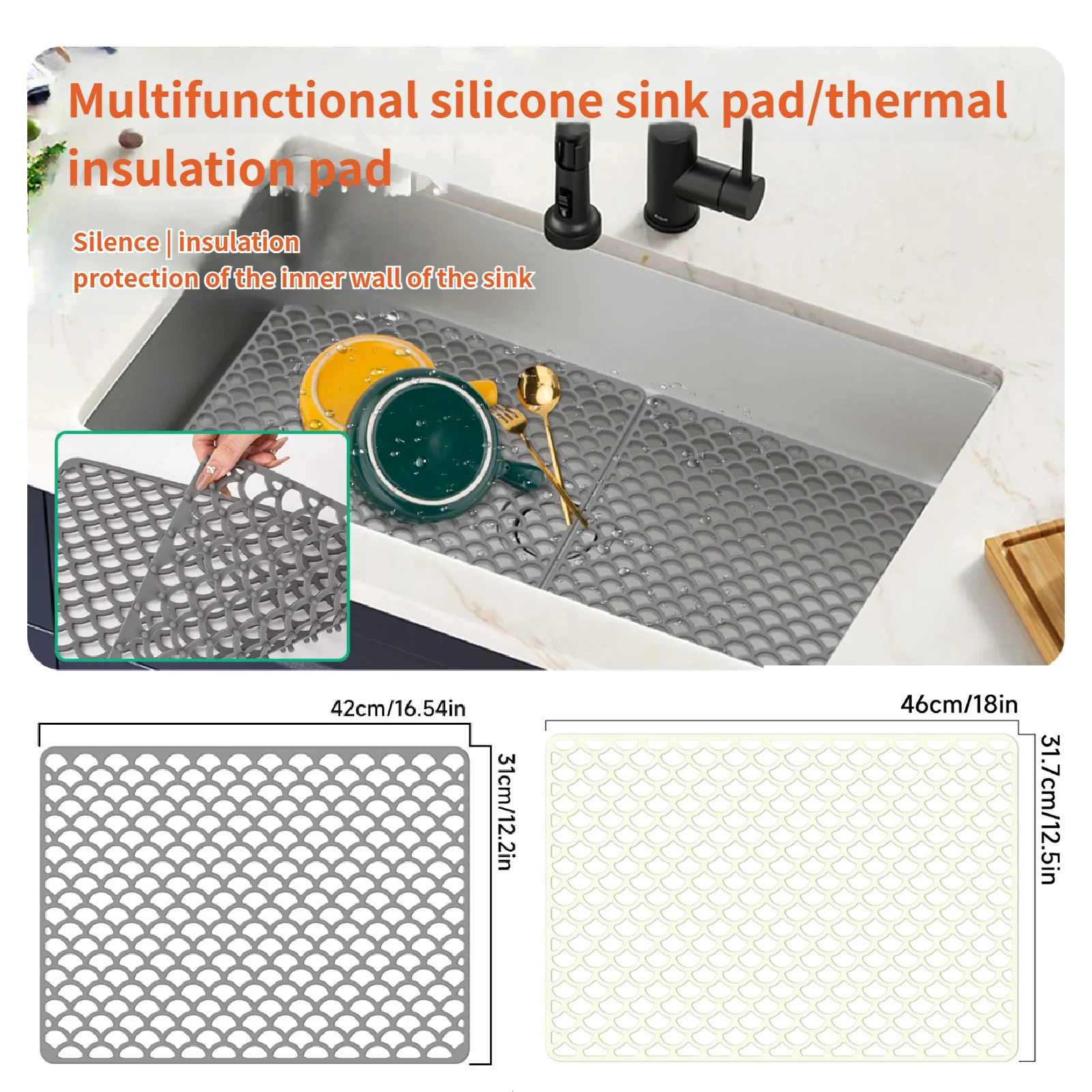 Silicone Sink Mat,Multipurpose Silicone Drain Pad for Kitchen Bathroom RV Sink, Scratch-Prevention Hollow-Out Non-Slip Protector