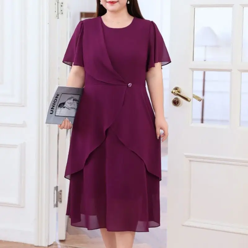 Vestido Midi con Volantes para Mujer Talla Grande, Color Sólido, Manga Corta, Cuello Redondo, Elegante Vestido de Fiesta