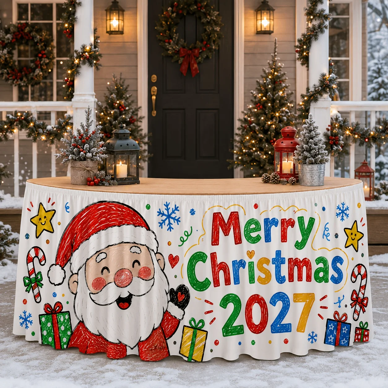 1 tablecloth table skirt, Merry Christmas 2027 tablecloth, children's graffiti Santa gift box tablecloth