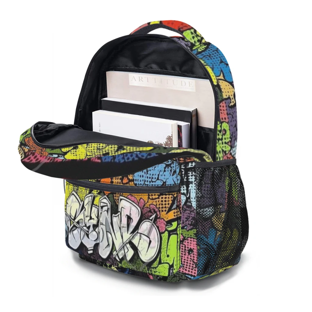 Synr 70s Retro Comic Graffiti Print For kids Large Capacity Student Backpack Cartoon School Backpack  17inch