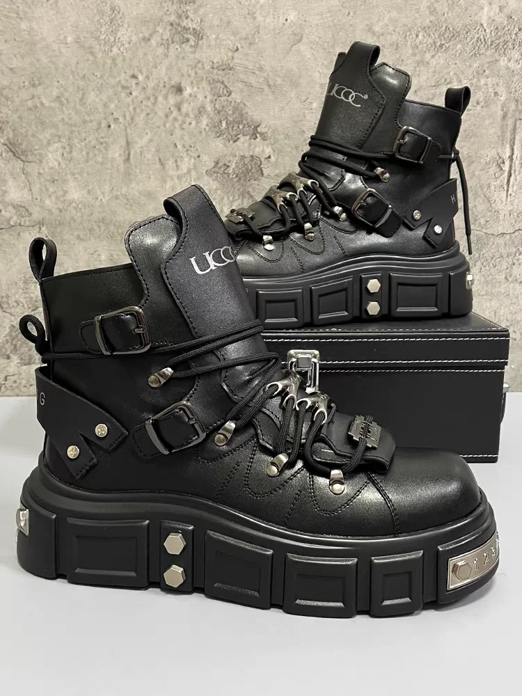 Men's Boots Fashion design Metal decoration rivet Leather boots High Street Hip hop Dance Punk Motorcycle mens boots