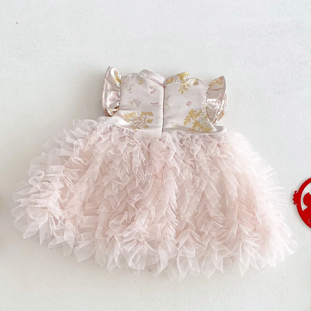 Kids Christmas Dress Flying Sleeve Mesh Patchwork Chinese Style Cheongsam New Year Toddler Girl Dresses Children Winter Clothes
