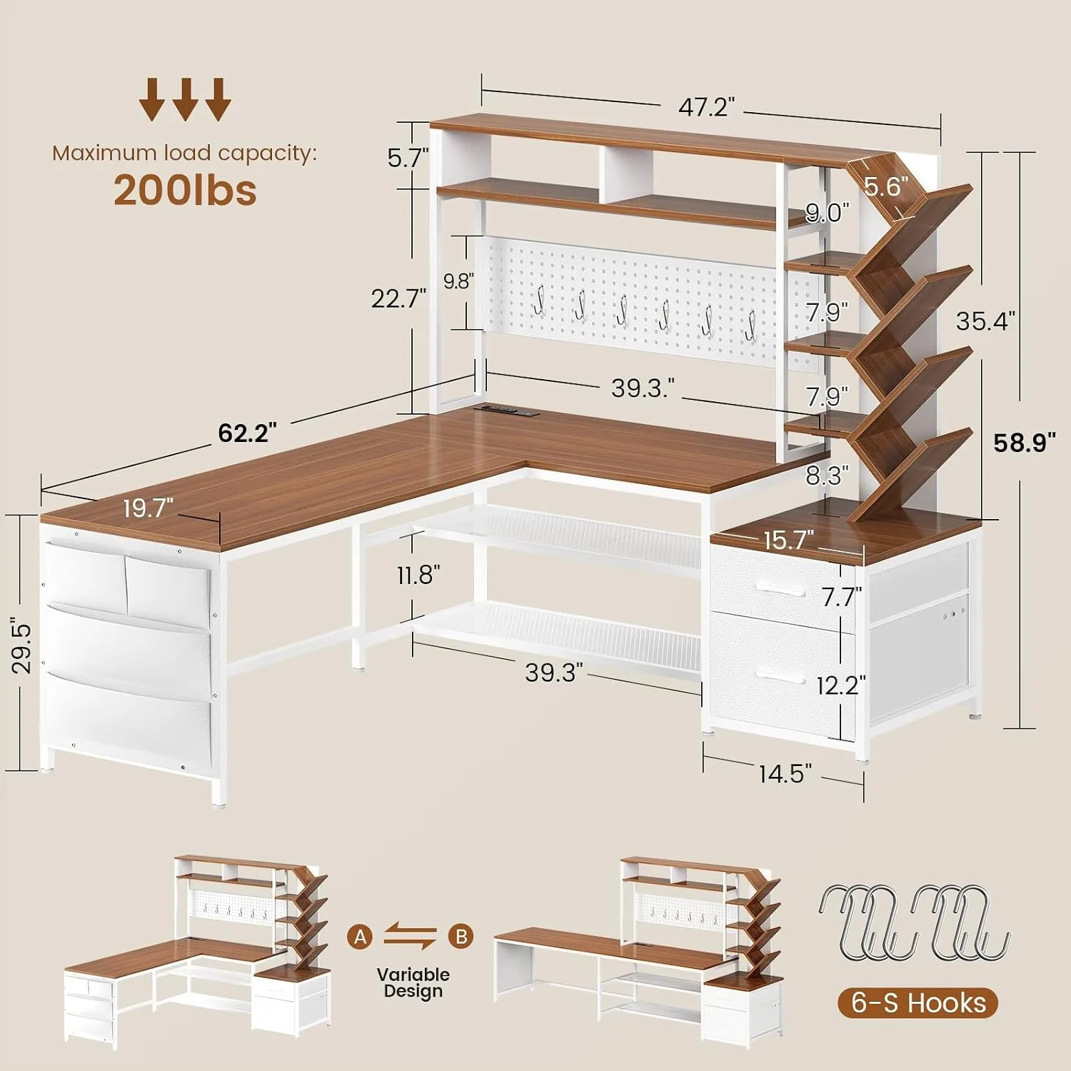 L Shaped Office Desk with Drawers and Hutch, Convertible 97.6