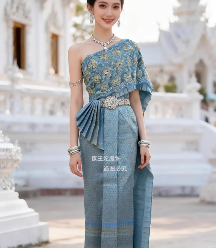 

Thai Women's Single Shoulder Slanted Shoulder Double-layer Shawl Wrapped Skirt With Hips and Slit Skirt