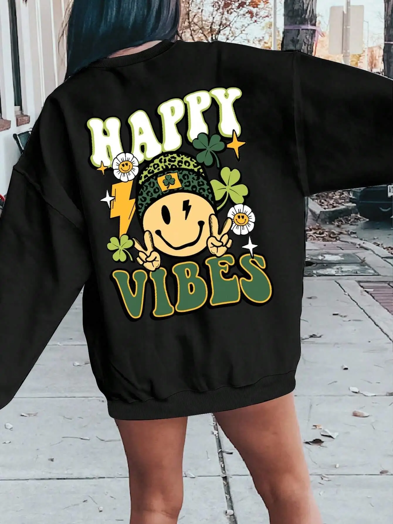 Happy Vibes Printing Women Sweatshirts Harajuku Big Size Pullover Fashion Street Clothing Loose Crewneck Oversize Female Hoodies