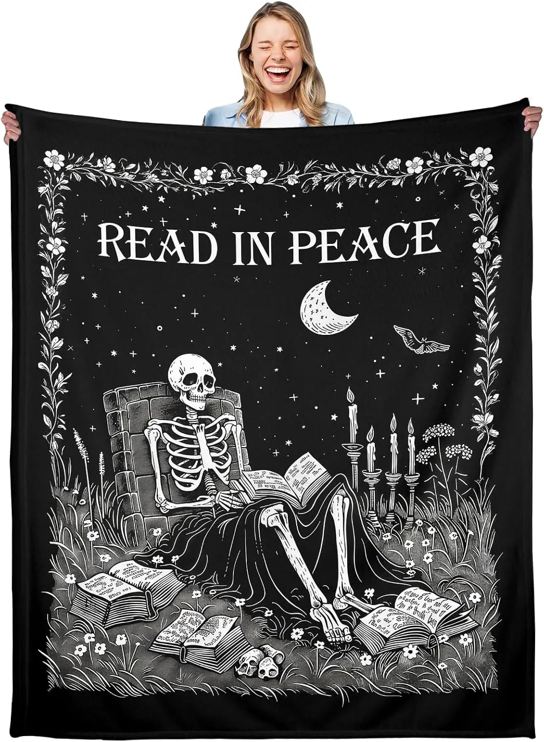 Gothic Ghost Reading Book Blanket, Skeleton Reading Blankets for Women Men Bookworm Bookish, Book Lover Gifts for Women Men, BOOK Blankets for Christmas Birthday Halloween, Ghost Throw Blanket-50
