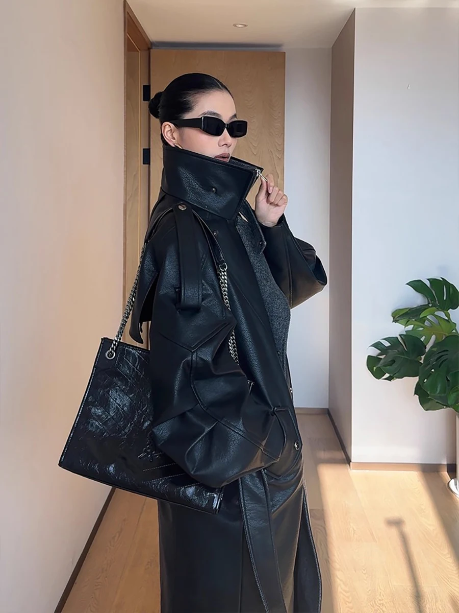 

Lautaro Spring Autumn Cool Long Oversized Black Pu Leather Trench Coat for Women Zip Up Emo Clothes Runway European Fashion 2025