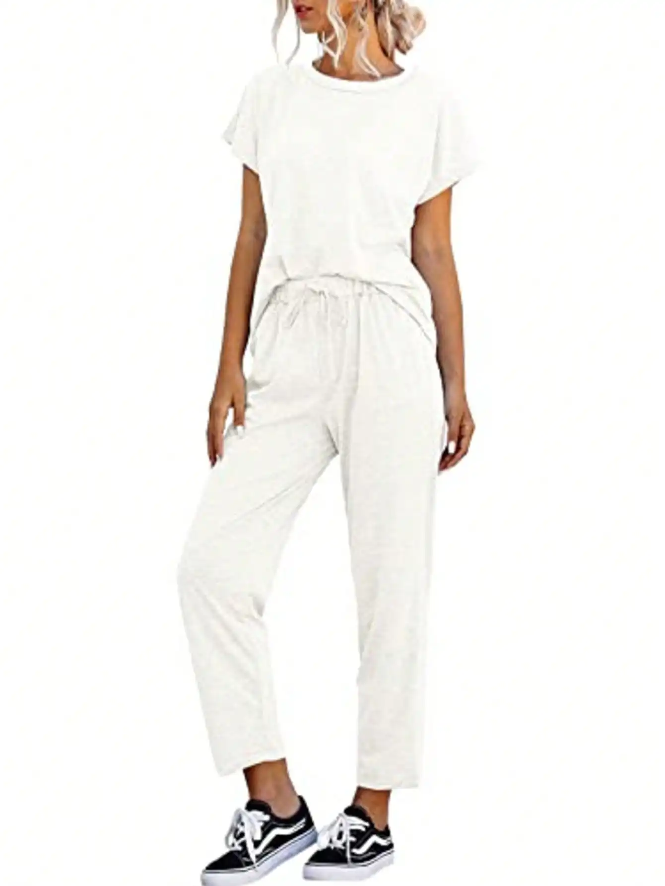 Ensemble de tenues 2 pièces pour femmes, t-shirt décontracté à manches courtes et col rond et pantalon de jogging à poches, ensemble de survêtement d'été