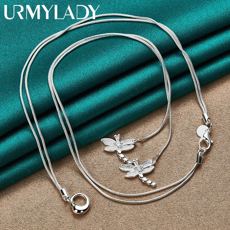 

URMYLADY 925 Sterling Silver Double Dragonfly Snake Chain Necklace For Women Wedding Engagement Party Fashion Jewelry