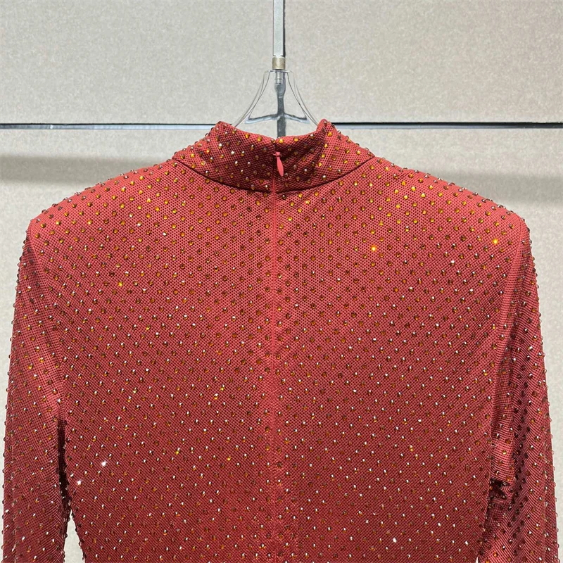 فستان نسائي شتاء 2025 جديد مرن بقصة ضيقة نصف رقبة عالية فساتين طويلة متألقة من حجر الراين فساتين الحفلات فساتين السهرة #4