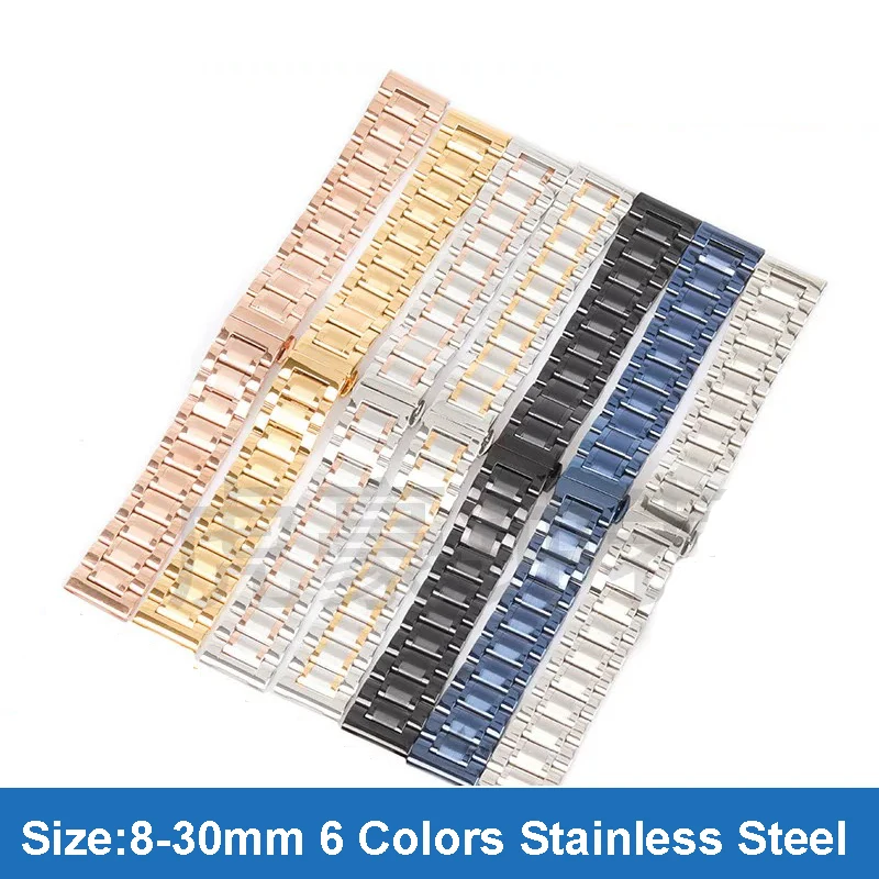 12 13 14 15 16 17 18 19 20 21 22 23 24 26 28 30mm Watchband High Quality Solid Stainless Steel Watch Bracelet Butterfly Buckle