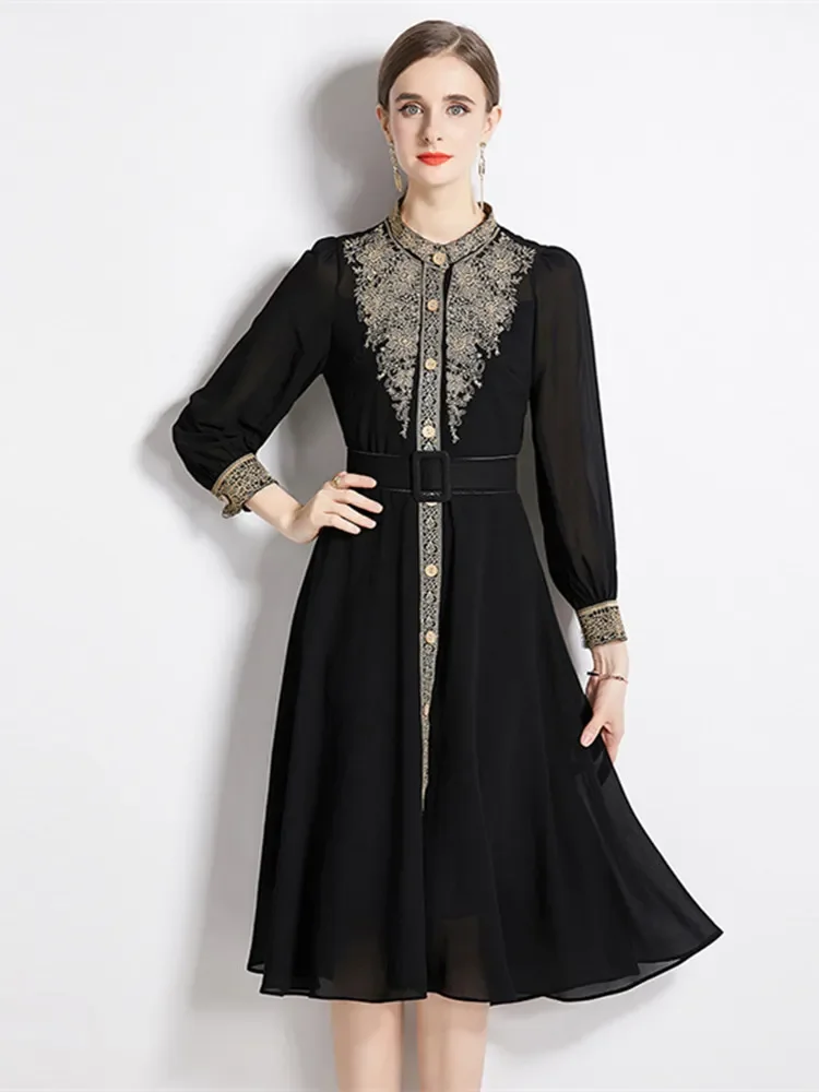 New Black Women Flower Embroidery Dress Long Lantern Sleeve Stand Collar Chiffon Smock Vintage High Waist Belted Midi Vestido