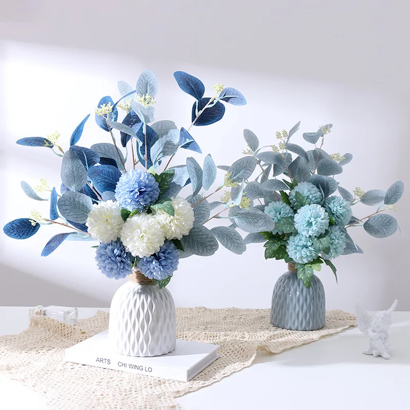 White Fake Flowers Blue Bouquet Hydrangea Artificial Flowers Chrysanthemum Silk Flowers Artificial for Decoration Flower