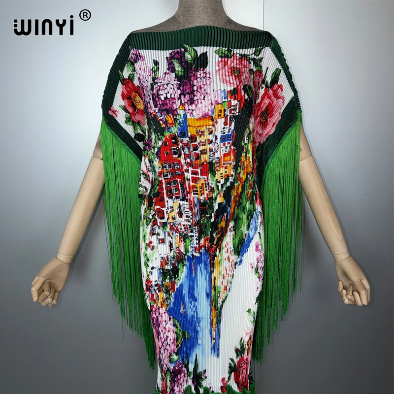 WINYI été plissé frangé maxi robe femmes froissé conception ample boho robe vacances mode robe de soirée abaya dubaï luxe