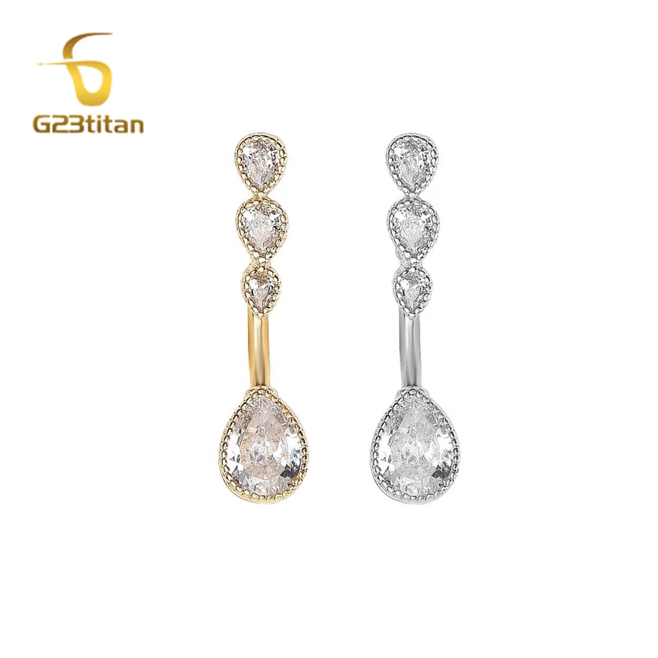 Anti allergic Titanium Belly Button Ring 2 Sides White Water Drop Zircon Navel Piercing Women 14G Body Jewelry Gold Silver Color