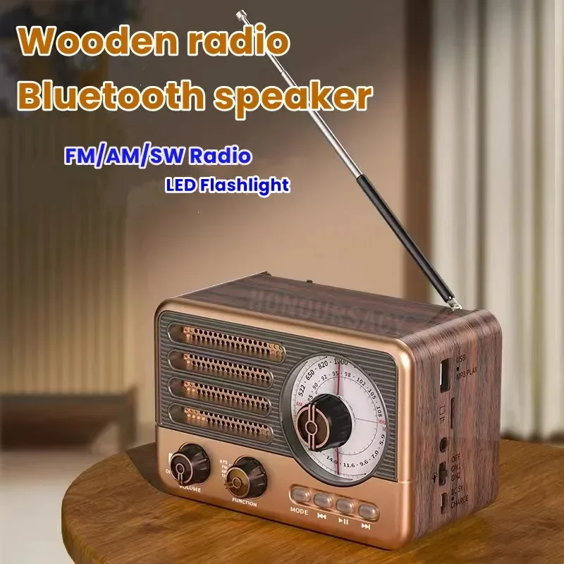 

Приемник Винтаж Портативный Bluetooth-динамик со светодиодным фонариком Поддержка TF-карты USB AUX Play Mini FM/AM/SW Ретро РадиоW FM-радио