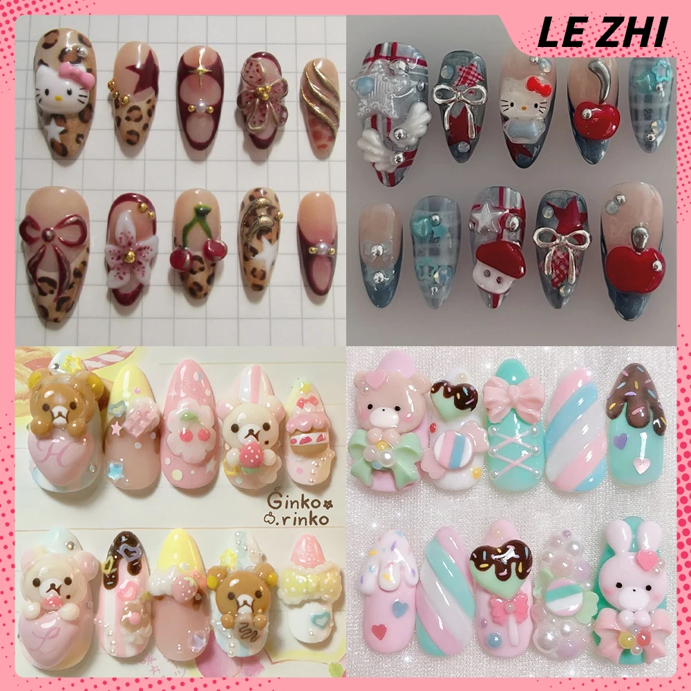 

Spice Girl Cartoon Black Skin Hello Kitty Rilakkuma Press On Nails 3D Flowers Dolphin Starfish French Long Almond False Nail