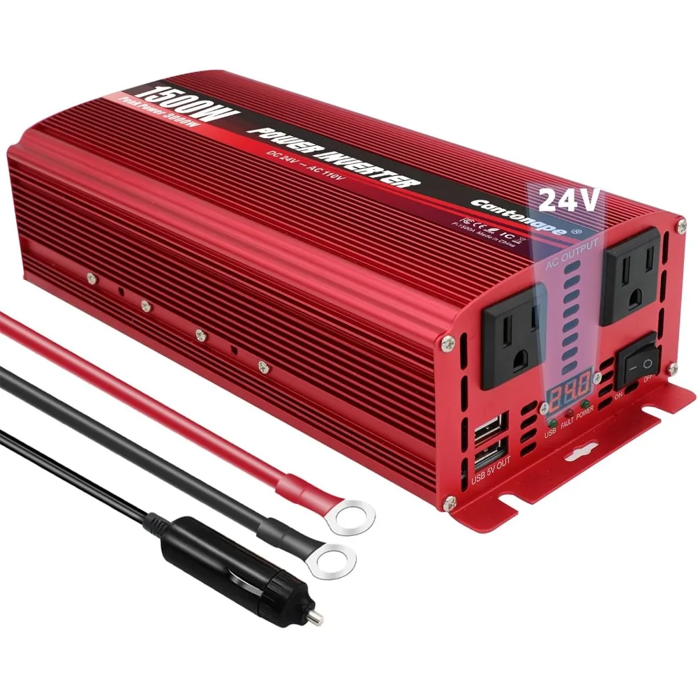 

1500W/3000W Peak DC 24V to 110V/120V AC Power Inverter with Dual AC Outlets and Dual 3.1A USB Ports, Including Cigarette Lighter