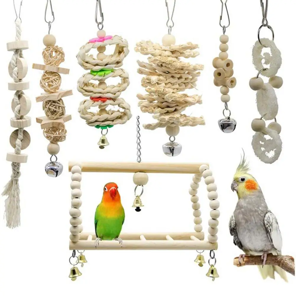 

Pet Bird Hanging Natural Wooden Toy Set Parrot Perch Stand Chew Toys With Bells Bird Cage Accessories dropshipping