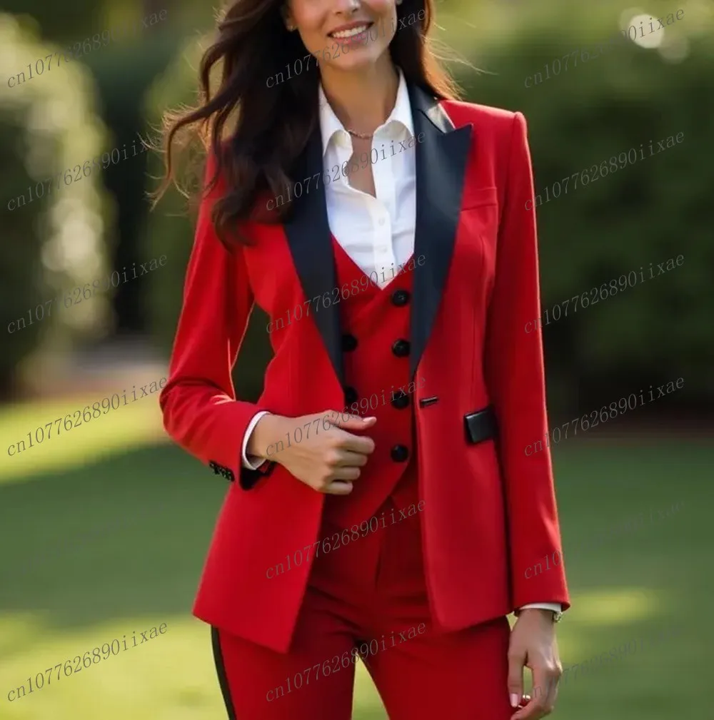 

Black Collar And Red Women Suits Lady Business Office Tuxedos Mother Wedding Party Formal Ladies 3 Piece Set Jacket Vest Pants