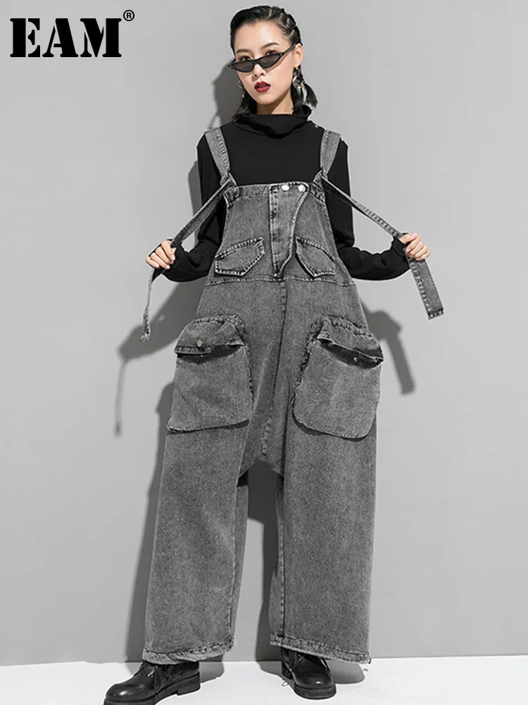 High-Waisted Black Denim Overalls for Women