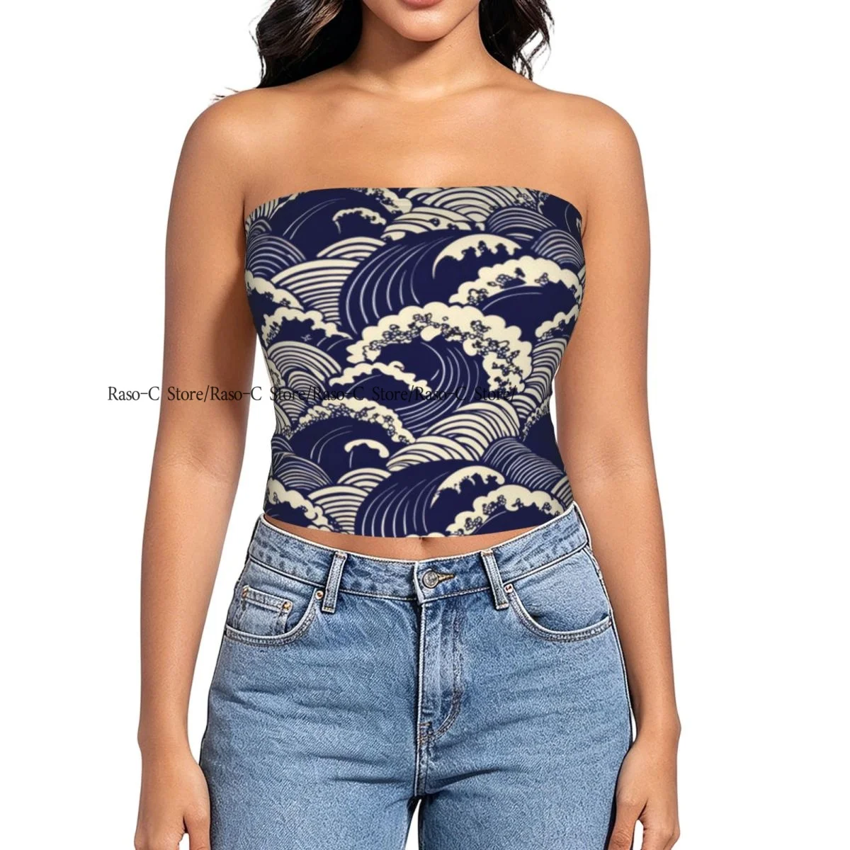 Strapless Sexy Tube Tops Summer Outfits Women Backless Shoulder Wrap Classic Japanese Wave Pattern Female Crop Top