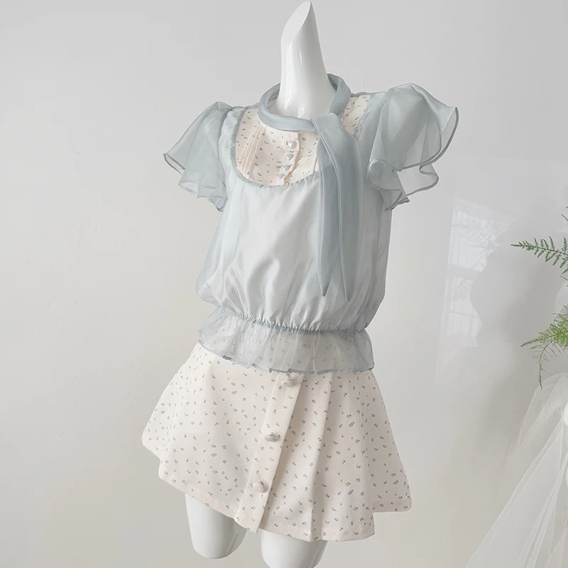 Women Two-piece Skirt Set Elegant Blouse with Short Sleeve Korean Fashion High Waist A-Line Mini Skirt Floral Printed Outfit