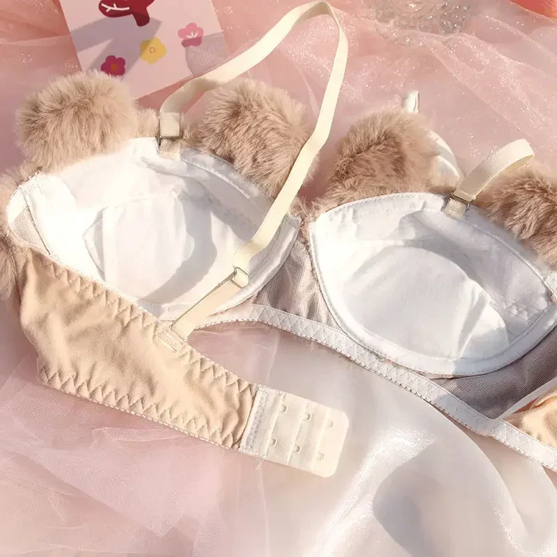 Japanese Girls Lingerie for Women Cartoon Bear Students Plush Sexy Bras Wireless Winter Bra Set Cute Undies Girlfriend Gift Box