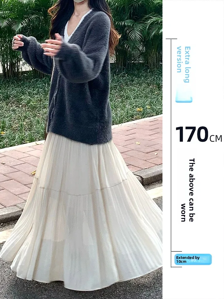 

Длинная корейская шифоновая юбка-миди для женщин, осенне-зимняя, высокая, цвета хаки, струящаяся, А-силуэт, юбка-солнце