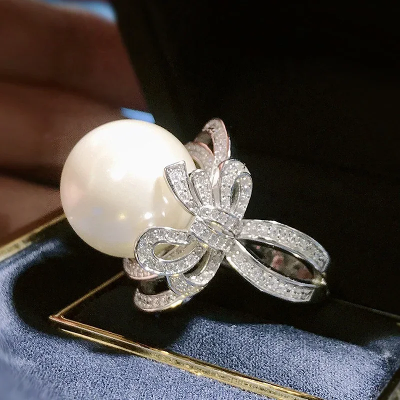 

Bowknot Pearl Diamond cz Ring 100% Original 925 sterling silver Engagement Wedding band Rings for Women Bridal Party Jewelry