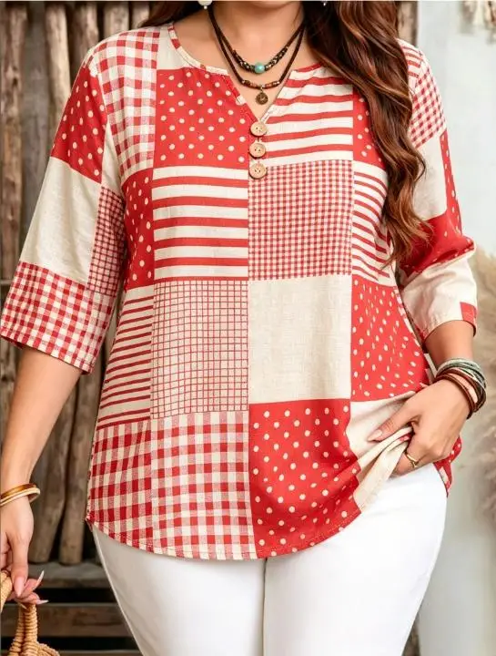 Patchwork Plaid Striped Polka Dot Print Blouses Split Notch V Neck Three Decorative Buttons 3/4 Sleeve Casual Daily Women Tops