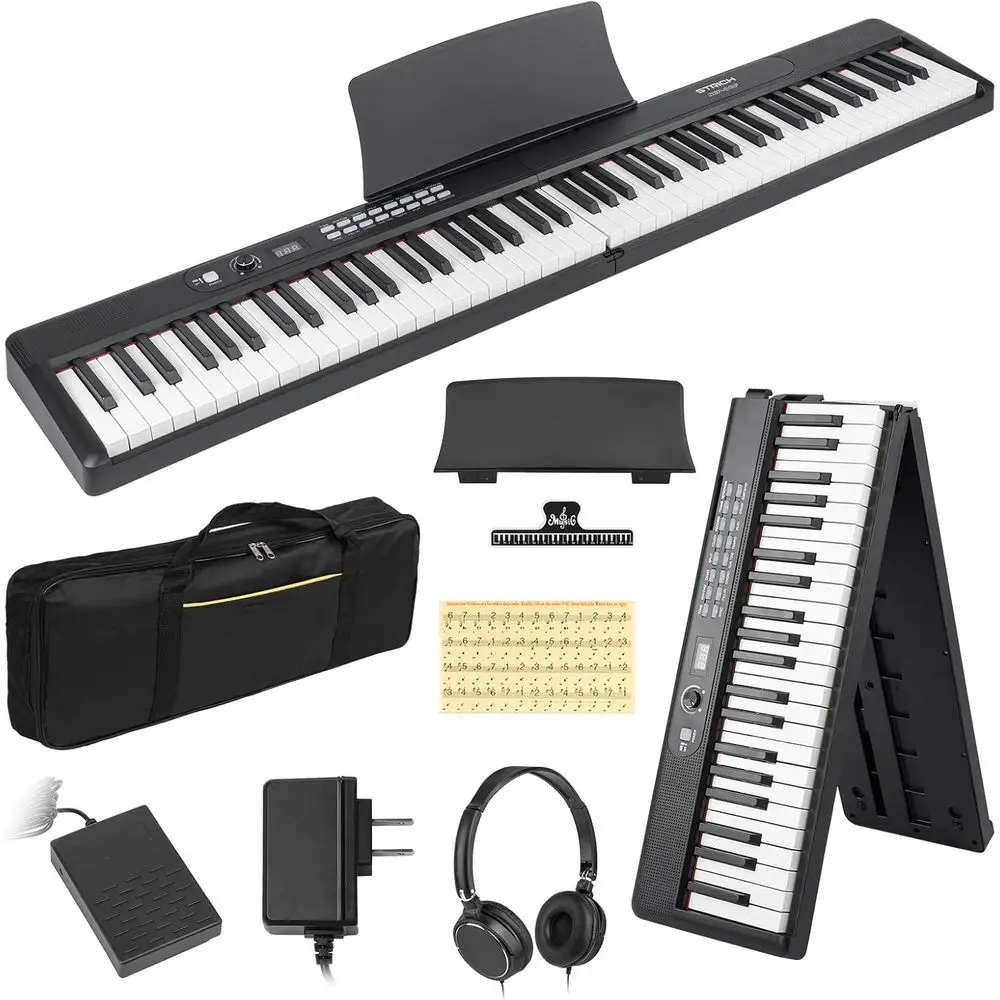 

88-Key Full-Size Digital Piano with Semi-Weighted Keys, Ideal for Beginners, Includes Sustain Pedal, Bench, and Music Stand, Bla