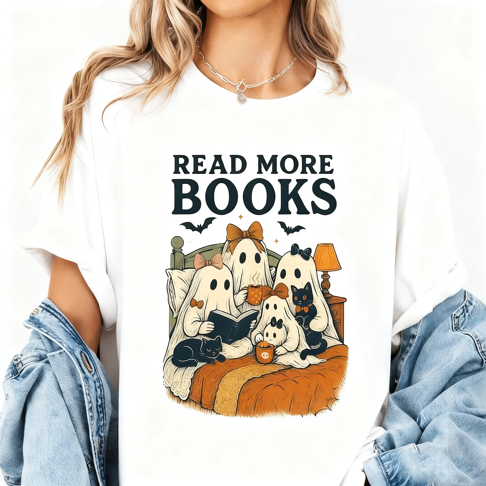 

Футболка с принтом «Призрак читать больше книг» в стиле Харадзюку, футболка с короткими рукавами, повседневная стильная одежда, белый топ, универсальная футболка