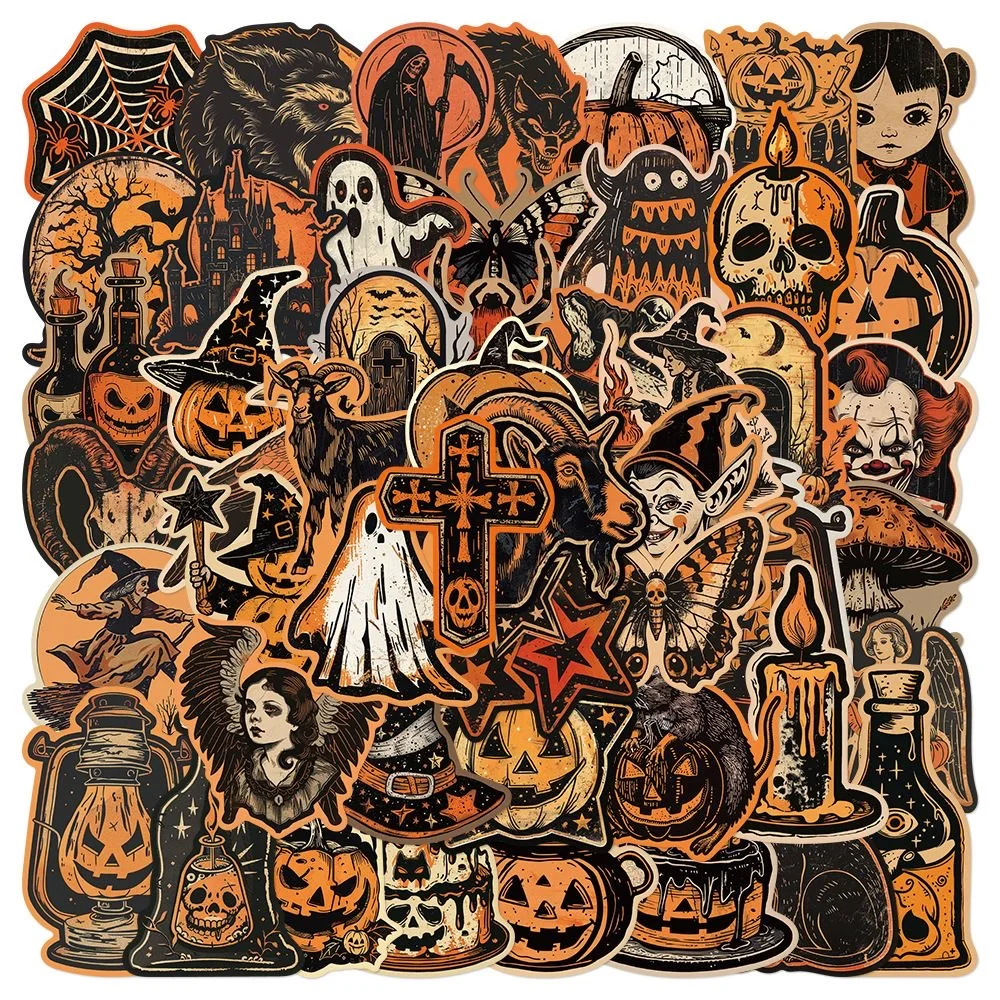 50PCS Retro Halloween Fun Graffiti Stickers Decorative Water Bottle Stationary Pumpkin Monster Waterproof Horror Stickers