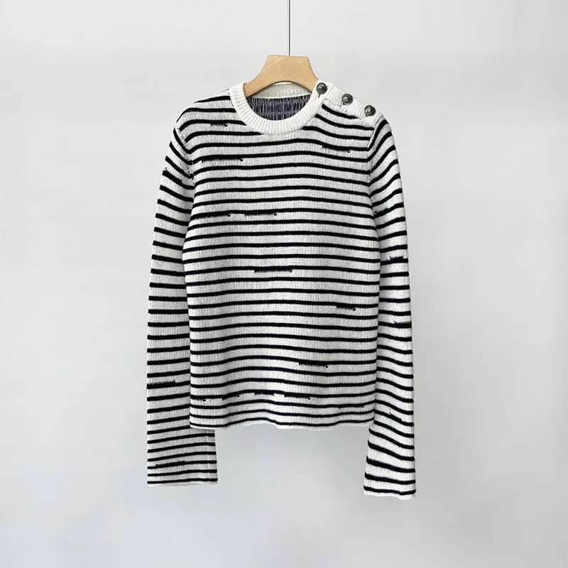 Zadig Women Sweaters Crew Neck Casual Black White Winter Jumpers Female Stripes Buttons Long Sleeve Pullovers Tops Lady Sweater